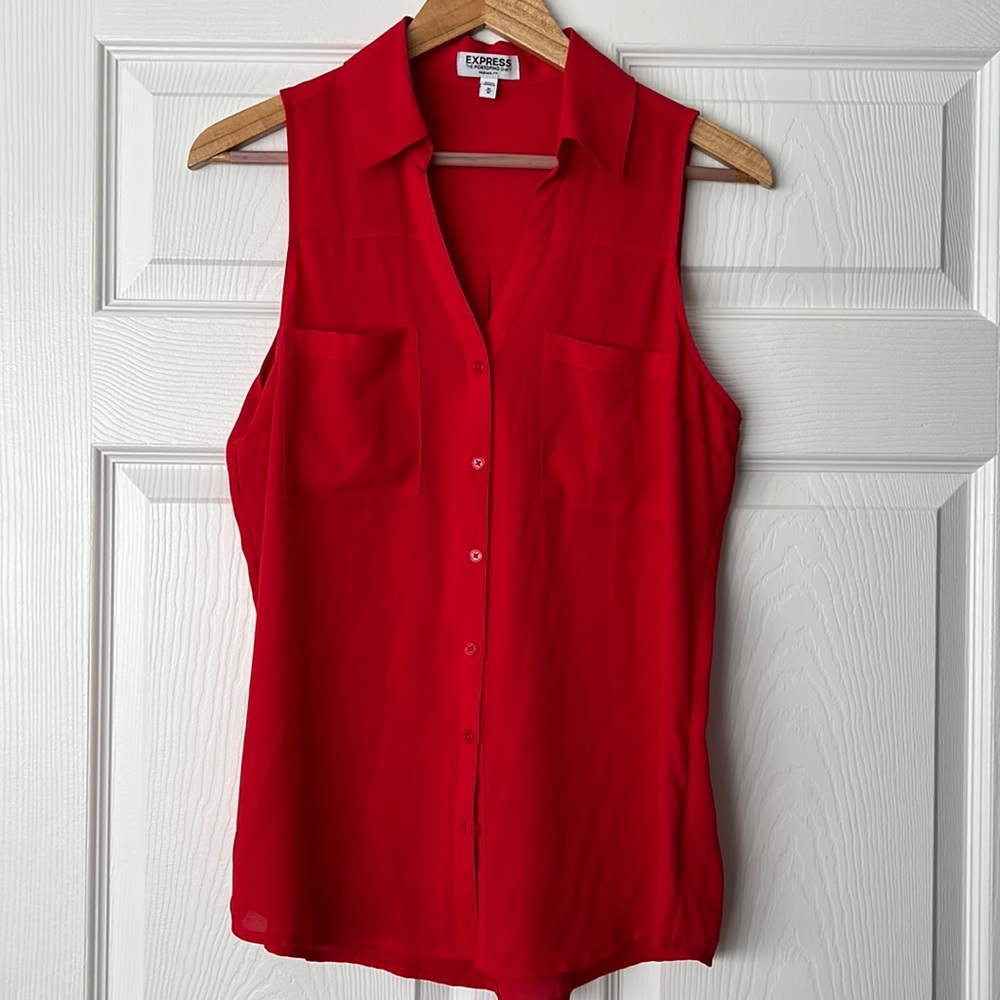 Express sleeveless portifino front pocket button down top